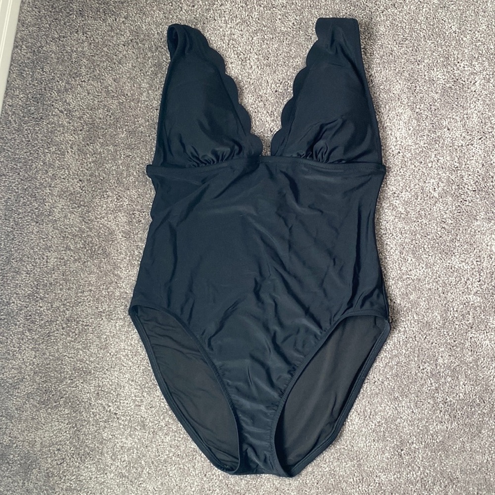 JCrew Factory - never worn, black scalloped one piece bathing suit. Size L